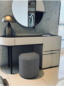 Resim Lüks Cnc Çizgili Yuvarlak Puf Makyaj Masası Pufu Dekoratif Ayak Uzatma Kaz Ayağı Model Siyah Beyaz 