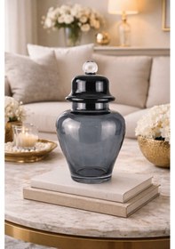 Resim Dekoratif Dumanlı Gri Cam Kavanoz - Cam Kapaklı Küp Şekerlik Gri 