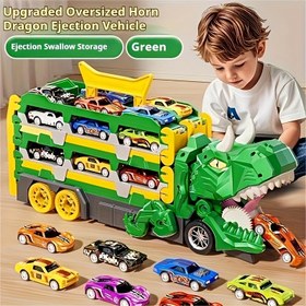 Resim Çift Demiryolu Yarış Pisti ile Dönüştürülebilir Dinozor Taşıma Kamyonu - Eğitici ve Katlanabilir Model, Canlı Renkler, Dayanıklı Plastik, Manuel Push İşlemi, Pil Gerektirmez, Dinozor Parti Taşıma | Dinozor Teması | Dayanıklı Plastik Kamyon, Dinozor Oyuncakları 