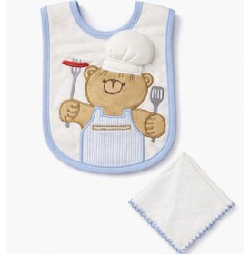Resim Bebek Aşçı Ayıcık Desenli Mama Önlüğü ve Ağız Mendili Seti Mavi 