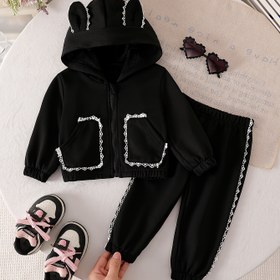 Resim Kızlar için Sonbahar ve Kış Rahat Sıcak Soğuk Geçirmez Düz Renk Pantolon Takımı Dantel Cep Kapüşonlu Ceket + Düz Renk Kontrast Detaylı Uzun Pantolon Sevimli Moda Dış Mekan Sporları ve Oyunlar için Mükemmel 