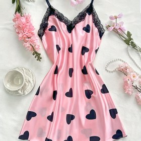 Resim Romantik Şarj - Seksi Pembe Kalp Baskılı Dantel Detaylı Cami Gecelik - V Yaka, Ayarlanabilir Spagetti Askılar, Akışkan Siluet, Çiftler İçin Mükemmel, Tüm Mevsim Giyim, Rahat Giyim | Feminin Gecelik | Dantel Detay, İç Çamaşırı Uyku Giysisi 