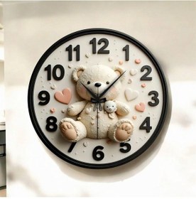 Resim Renkli Baskı Ayıcık Çocuk Desenli Sayılı Hediyelik Ahşap Sessiz Duvar Saati 50cm ÇOk Renkli 
