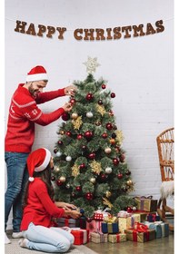 Resim Kahverengi Happy Christmas Yazılı Banner , Özel Gün, Davet Organizasyonu ,yeni Yıl, Yılbaşı Sofrası, Simli Eva Banner 