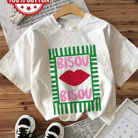 Resim Kadınlar için Günlük Kısa Kollu Bisou Bisou Grafik Baskılı Kırmızı Dudak & Yeşil Çizgili %100 Pamuklu Yuvarlak Yaka Tişört - Rahat Kesim, Makinede Yıkanabilir Yazlık İlkbahar Giyimi, Sevimli T-Shirtler, Yumuşak Dokulu Gömlek 