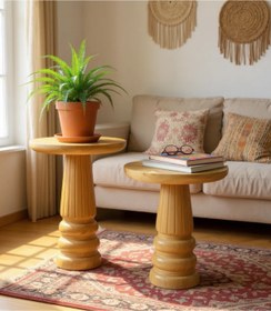 Resim ASELYA HOME Doğal Ahşap 2’li Set Mantar Yan Sehpa Modern Vernikli Fiskos Zigon Çiçeklik 