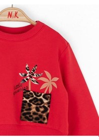 Resim Kız Bebek Pamuklu Leopar Cep Detaylı Sweatshirt-14789 Kırmızı 