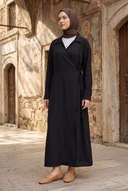 Resim adamila Kadın Siyah Yandan Bağlamalı Kap Kruvaze Yaka Uzun 140 CM Yazlık Tesettür Ceket Trençkot Kap 