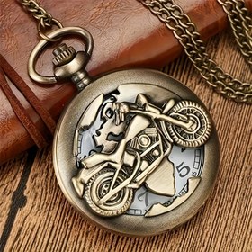 Resim Vintage Bakır Kuvars Cep Saati, Hollow Alaşım Yuvarlak Kadran, İşaretli Tarih Gösterimi, Elektronik Sürüş Modu, Motosiklet Desenli Süsleme ile, Erkekler için Hediye olarak 