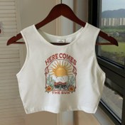 Resim HERE COMES THE SUN Grafik Kısa Kollu Crop Tank Top - Y2K Retro Geometrik Güneş & Çiçek Desenli, Dar Kesim Kolsuz Gündelik Üst, Orta Esneklik Makinede Yıkanabilir Her Mevsime Uygun Yazlık Atlet, Pürüzsüz Dokulu Kumaş 