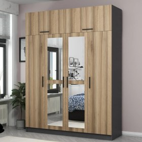 Resim Minar Kale 4 Kapaklı 2 Aynalı 2 Çekmeceli Dolap ve Yüklük Antrasit Dore 210 cm 