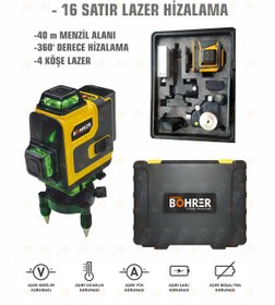Resim BÖHRER Profesyonel 2x Li-on Batarya 4x360 16 Satır Otomatik Hizalama Çapraz Çizgi Lazer + Kumanda 