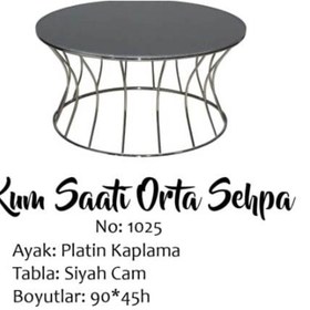 Resim BENGİ TİCARET Brc 13356 Orta Kum Saat Düz Siyah Temper Cam Tabla Platin Renk Kaplama Metal Ayak 
