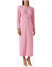 Resim Rowen Rose Belted Cardigan Dress, Lüks Örgü Kumaşlı Kuşaklı Şık Triko Elbise Abiye Pembe 36 