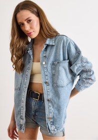 Resim Olalook Kadın Açık Mavi Yaprak Nakış Pullu Yıkanmış Denim Ceket CKT-19000524 
