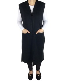 Resim Kadın Çelik Örgü Önü Ve Cepleri Fermuarlı Uzun Kışlık Yelek Siyah 