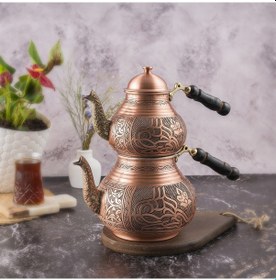 Resim Dmt Copper Gaziantep Bakır Çaydanlık Takımı Ağır El İşlemeli Tuğra Modeli 