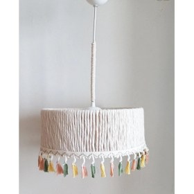 Resim Silindir Ekru Makrome Ip Sargı Saçaklı Yatak Odası-Bebek -Çocuk-Genç Odası Tasarım Sarkıt Avize 