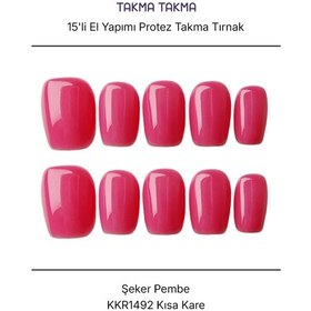 Resim 15'li Pembe Kısa Kare Kkr1492 Tekrar Kullanılabilir El Yapımı Protez Takma Tırnak S 