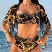 Resim 3 parçalı Boho Stili Omuz Açık Bikini Seti, Kadınlar için Polyester Elastan Yüksek Esneklik Geometrik Desenli Kolsuz Mayo 