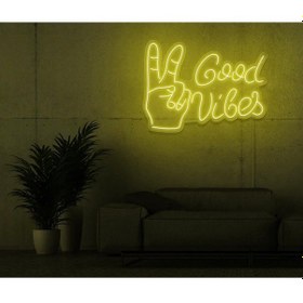 Resim Good Vibes Yazılı Ve Şekilli Neon Tabela Sarı 