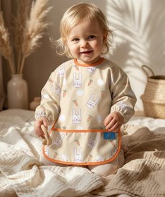 Resim melonika Bunny Bliss Su Geçirmez Kollu Bebek Mama Önlüğü - Leke Tutmaz BLW Uyumlu Tavşan Desenli Mama Önlüğü 