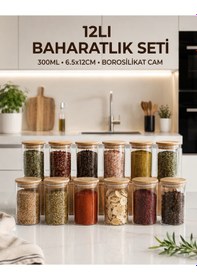 Resim 12 Li Cam Baharatlık Seti 300 Ml Bambu Kapaklı Borosilikat Modern Baharat Kavanozu Şeffaf 