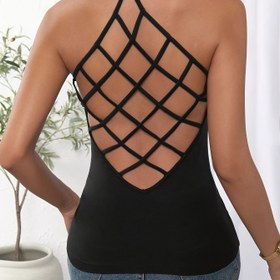 Resim Kadınlar için Seksi Sırtı Açık Halter Üst, Elmas File Tasarımı, Polyester Karışımı, Ayarlanabilir Askılar, Yaz için Düzgün Kesim - Makinede Yıkanabilir 