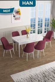 Resim Canisa Han Serisi, 70x114 Açılabilir Mdf Masa Takımı, Beyaz Mermer Desen Masa Ve 6 Bordo Sandalye 