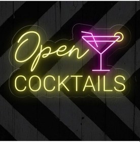 Resim Open Cocktaıls Yazılı Ve Şekilli Neon Tabela Sarı 