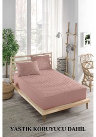 Resim Alez Takımı %100 Pamuklu Sessiz 3 Parça Kapitoneli Yastık Alezli Pembe Tek Kişilik 