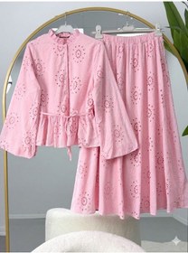 Resim Lovie Moda Brode Detay Tesettür Etekli Takım Pembe 