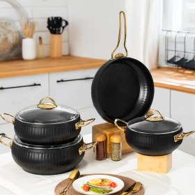 Resim Lines TS-0002 Granit Kaplama Gold Kulp Güveç Seti - Cam Kapaklı Tencere Takımı - 7 Parça Siyah 