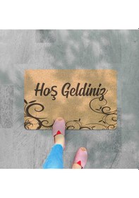 Resim Dijital Baskılı Kapı Önü Paspas Hoşgeldiniz Çok Amaçlı Iç Ve Dış Kapı Paspası Açık Bej 