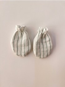 Resim runbaby Pamuklu Çift Kat Müslin Kumaş 3 Çift Bebek Eldiven ( Ince Yeşil Çizgili) 