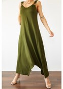 Resim Kadın Çan Dokuma Kumaş V Yaka Asimetrik Kesim Elbise Haki 