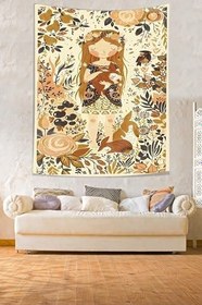 Resim Pelangi Çiçekli Kız Leke Tutmaz Kumaş Duvar Örtüsü Duvar Halısı Tapestry PNTR063, 70 x 70 