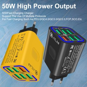 Resim 1 adet 50W 6-Port USB C Şarj Cihazı, 3 USB ve 3 PD Portu, QC 3.0 Çoklu Portlu USB Telefon Şarj Cihazı, Taşınabilir Seyahat Şarj Cihazı, Siyah, Beyaz ve Sarı, iPhone 16 15 Pro Max 14/iPad/Samsung S24 için, Avrupa Fişi, USB C Şarj Cihazları için iPhon 