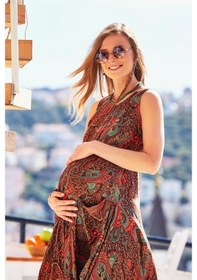 Resim Los Banditos Bohem Tarz Kayık Yaka Pile Detaylı Hamile Elbise (498398257) Kahverengi 