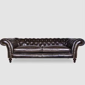 Resim Hanel Mobilya Englısh Chesterfield Chester Koltuk Koyu Kahve Suni Deri 