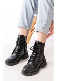 Resim 02-356 Siyah Düz Topuklu Bağcıklı Fermuarlı Günlük Kadın Bot Beyaz 