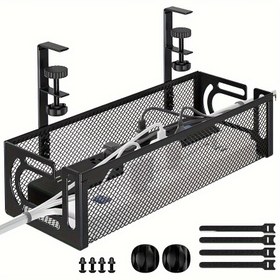 Resim 1 Adet Klasik Tarz Masa Altı Kablo Düzenleyici Raf - Matkap Gerektirmez, Kolay Kurulum Metal Tel Örgü Depolama Rafı, Prizler, Routerlar & Veri Kabloları İçin - 38.99cm x 10.85cm x 6.99cm, Siyah veya Beyaz Renkte Mevcut, Ev Düzeni İçin Depolama Kutuları 