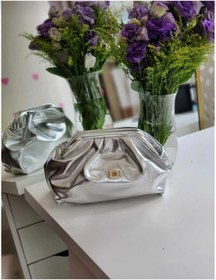 Resim Çanta Trend Kadın Gümüş Silver Rengi Parlak Suni Deri Askılı Clutch Günlük Ve Abiye Çanta 