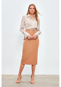 Resim Sateen Aksesuar Detaylı Kalem Etek - Camel 