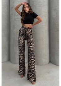 Resim Lesa Wear Leopar Desenli Yumuşacık Yüksel Bel Geniş Paça Likralı Jarse Pantolon Flared Leopar 