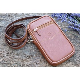 Resim MÇ DERİ Erkek Kemer Ve Omuz Askılı Telefon Çantası Floater Desenli Deri Hakiki Dana Derisinden Taba Renk 