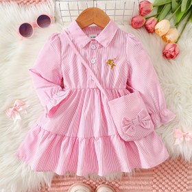 Resim Kızlar için Rahat Çizgili Gömlek Elbise Puf Kollu ve Kurdele Detaylı - Yumuşak Esnek Olmayan Kumaş, Düğmeli Ön, Volanlı Etek, Sonbahar/Kış İçin Mükemmel, Günlük Oyun Giyimi, İdeal Okula Dönüş Hediyesi, Kızlar İçin Sevimli Elbiseler, Mevsimlik Giyim, Oyuncu Tasarım, Rahat Giyim 