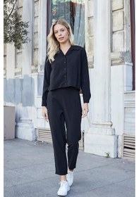 Resim JUMENT Kadın Likrasız Modal Kumaş Yüksek Bel Beli Lastikli Yan Cepli Dar Paça Bilek Boy Pantolon-siyah 