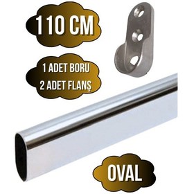 Resim Metal Oval Krom Mobilya Dolap Askı Borusu 110cm Oval 2 Adet Flanş-1 Adet Boru Boy:30mm En:15mm Gri 