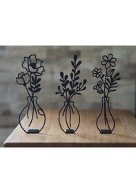 Resim 3 Lü Dekoratif Obje Siyah Vazolar Çiçekli, Ev Dekorasyon Objesi Sade, Şık, Minimal Dekoratif Set 